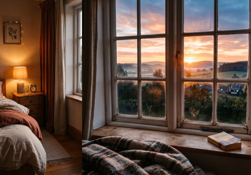 Cozy window nook bathed in soft morning light for a calm morning routine