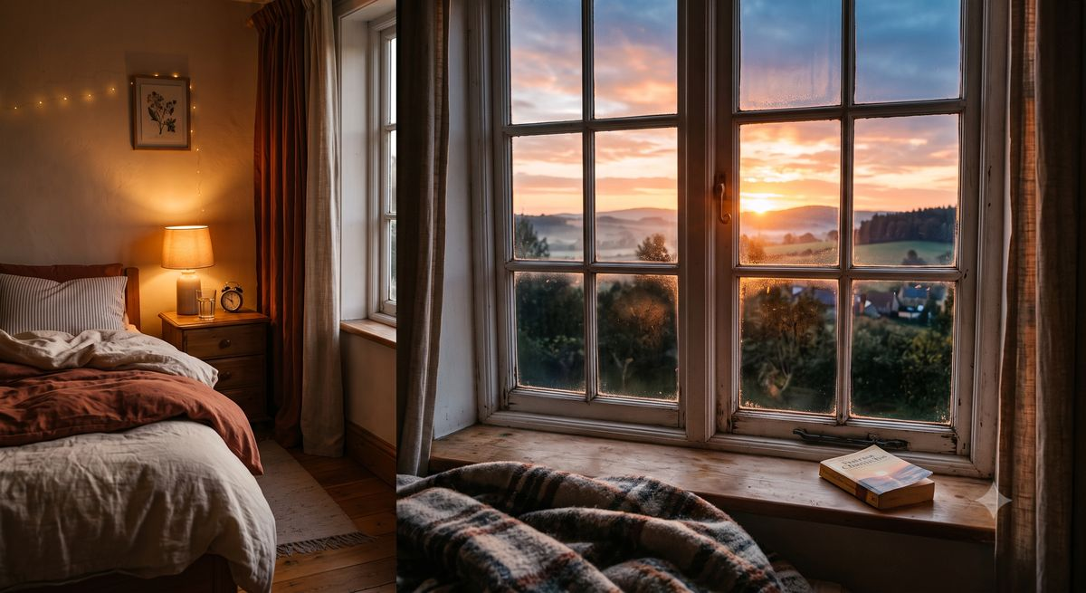 Cozy window nook bathed in soft morning light for a calm morning routine