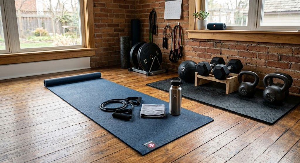 Simple workout space as part of a soft morning routine, dumbbells and yoga mat ready