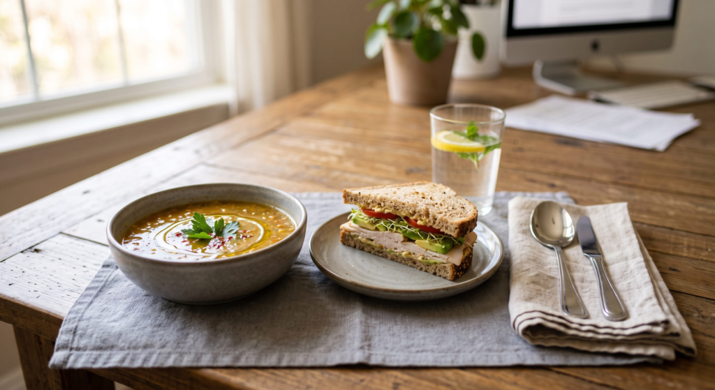 A healthy, screen-free lunch setup as part of a mindful daily routine to prevent afternoon burnout.