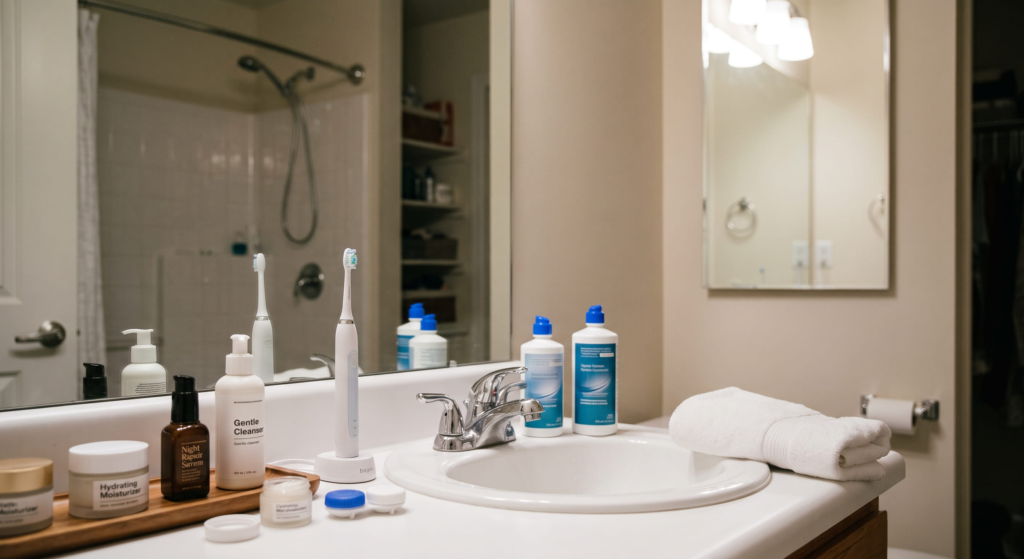 Evening skincare products set up for a relaxing mindful daily routine.
