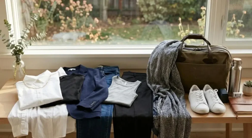 Investing in Moments: A Mindful Guide to Budgeting for Travel 2 Change to: Minimalist capsule wardrobe and travel gear laid out to help with budgeting for travel and staying organized.