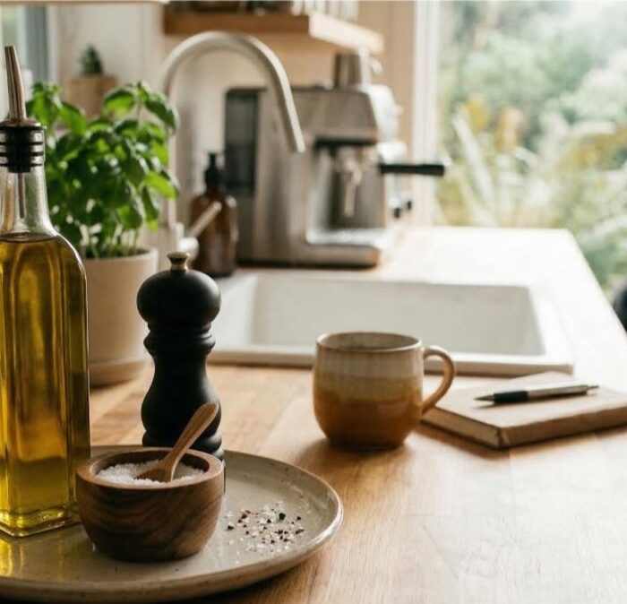 A bright, clean kitchen counter with a tray holding olive oil, salt, and a pepper grinder, alongside a mug and a notebook, illustrating The Quiet Kitchen: Why a Reset is My Favorite Form of Self-Care.