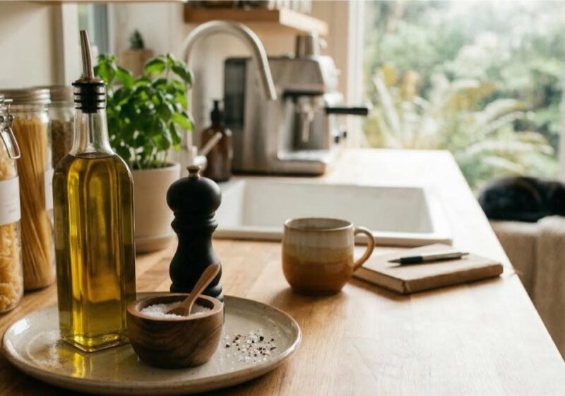 A bright, clean kitchen counter with a tray holding olive oil, salt, and a pepper grinder, alongside a mug and a notebook, illustrating The Quiet Kitchen: Why a Reset is My Favorite Form of Self-Care.