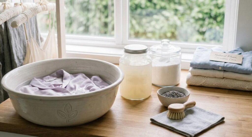 Gentle Care: The Best Laundry Tips for Delicate Garments 2 A delicate lavender garment soaking in a white ceramic basin next to glass jars of detergent and a wooden brush, illustrating Gentle Care: Best Laundry Tips for Delicate Garments.