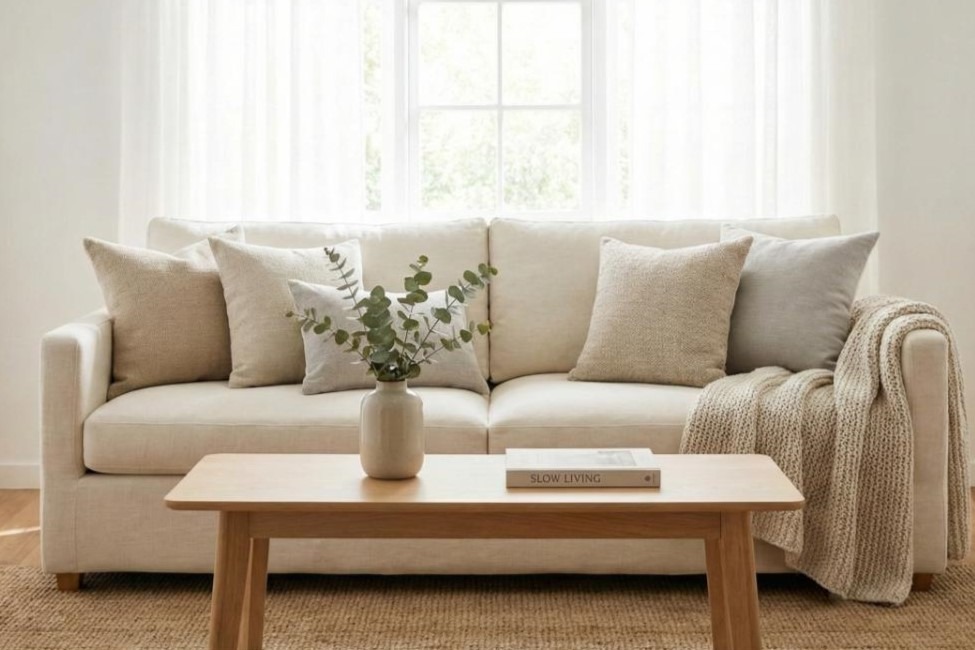 Creating a Gentle Sanctuary: Mindful Home Organization for Busy Women 1 A minimalist neutral-toned living room with a beige sofa, decorative pillows, a wooden coffee table with a small vase, and a cozy throw blanket featuring Mindful Home Organization for Busy Women to create a calm, organized home.