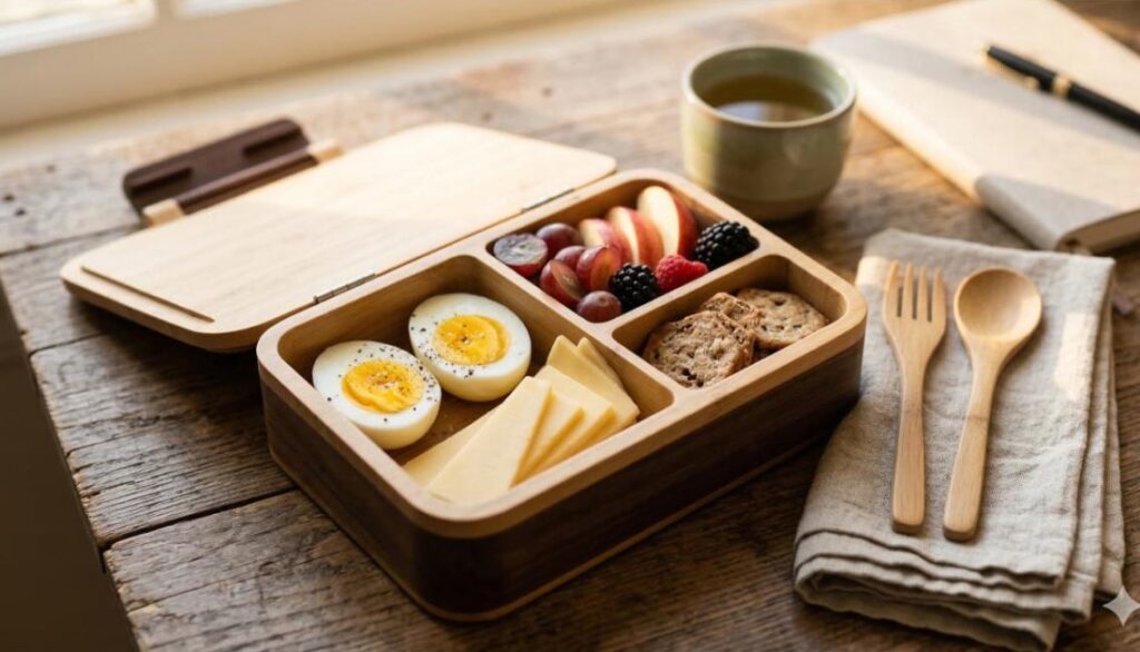 My 10 Favorite Make-Ahead Breakfasts for a Calmer, Fuller Morning 2 A protein-packed bento box designed as a Make-Ahead breakfast for a calm and productive morning routine.