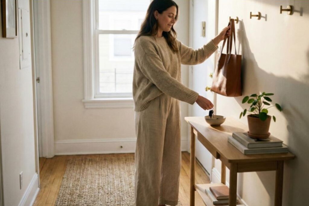 Creating a Gentle Sanctuary: Mindful Home Organization for Busy Women 2 A woman in a tan lounge set hanging a brown leather tote bag on a wooden wall hook in a sunlit entryway, next to a small console table with a potted plant and books, illustrating Mindful Home Organization for Busy Women