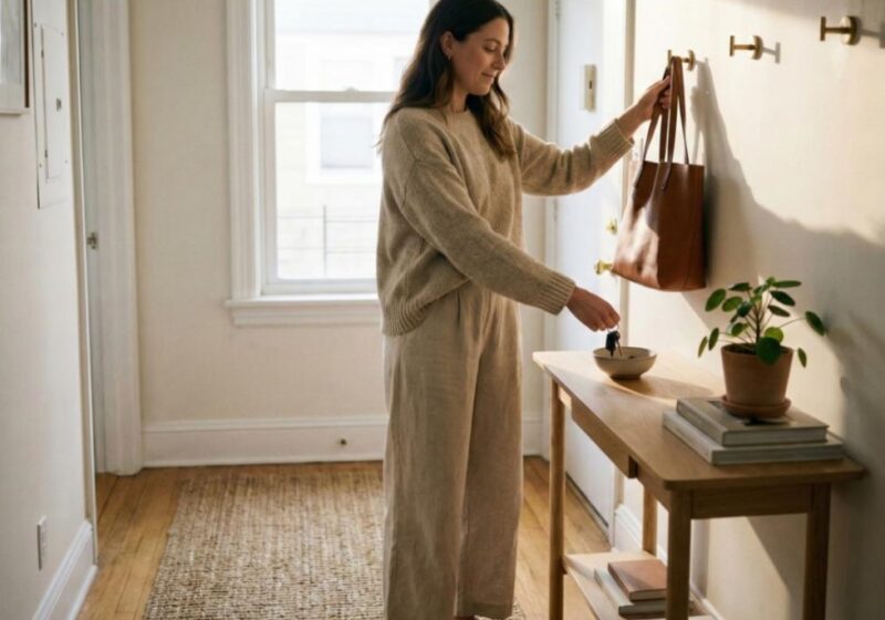 A woman in a tan lounge set hanging a brown leather tote bag on a wooden wall hook in a sunlit entryway, next to a small console table with a potted plant and books, illustrating Mindful Home Organization for Busy Women
