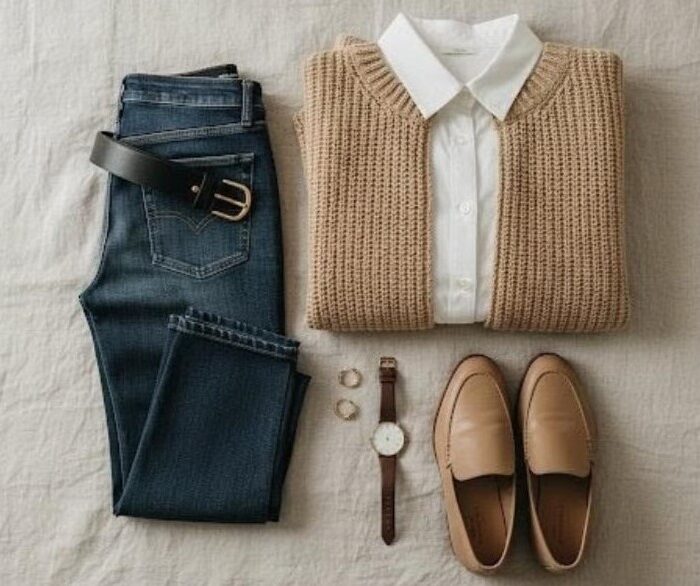 A flat lay of a white collared shirt layered under a beige cardigan, paired with dark wash denim jeans, a brown leather belt, tan loafers, and a classic leather strap watch, illustrating The Art of the Cozy Minimalist Wardrobe.