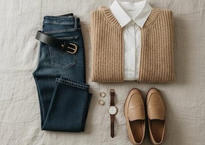 A flat lay of a white collared shirt layered under a beige cardigan, paired with dark wash denim jeans, a brown leather belt, tan loafers, and a classic leather strap watch, illustrating The Art of the Cozy Minimalist Wardrobe.