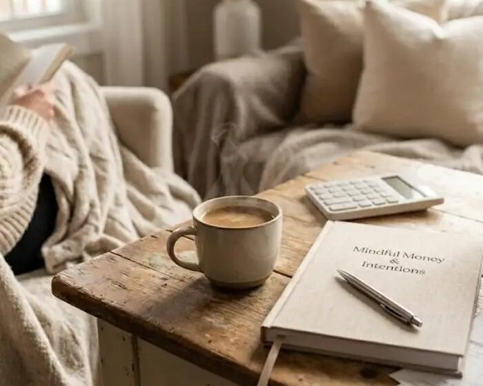 A person sitting on a couch with a blanket, looking at a journal titled "Mindful Money Intentions" next to a cup of coffee on a rustic wooden table.