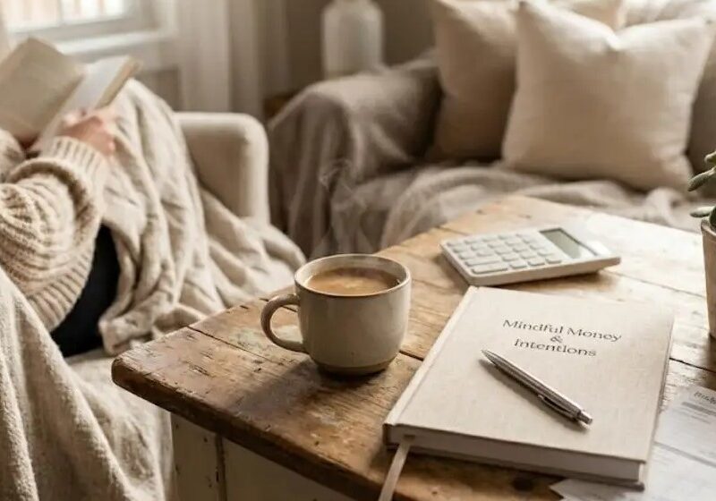 A person sitting on a couch with a blanket, looking at a journal titled "Mindful Money Intentions" next to a cup of coffee on a rustic wooden table.
