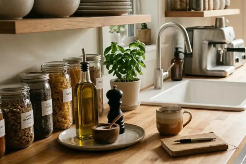 The Quiet Kitchen: My Nightly Kitchen Reset Ritual (and Why It Changes Everything) 1 A clean and organized countertop after a quick kitchen reset, featuring a minimalist sink area and a kitchen reset checklist for a calm morning.