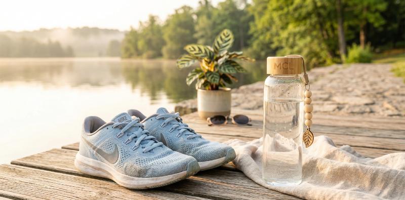Low-Impact Exercise: Why I Traded the Gym for a Walking Routine 2 A close-up of a water bottle and comfortable Nike runners, essential gear for a daily low-impact exercise routine