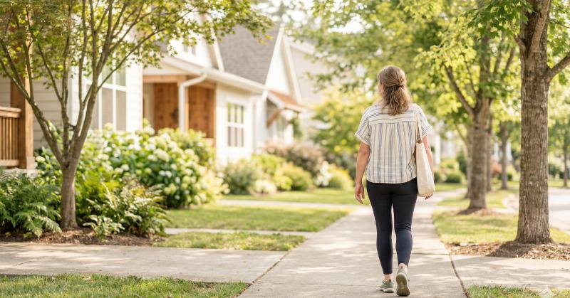 Low-Impact Exercise: Why I Traded the Gym for a Walking Routine 1 A woman practicing low-impact exercise by walking through a nice neighborhood during a peaceful spring morning.