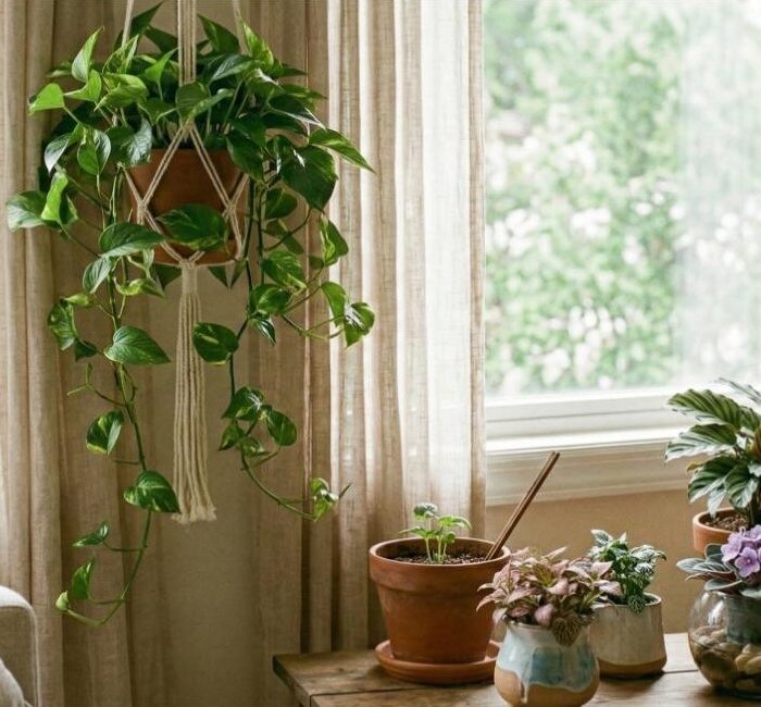 A variety of potted tropical plants, including a hanging pothos in a macrame holder and a flowering African violet, on a wooden table by a window as part of Low-Maintenance Indoor Plants for a Peaceful Home.