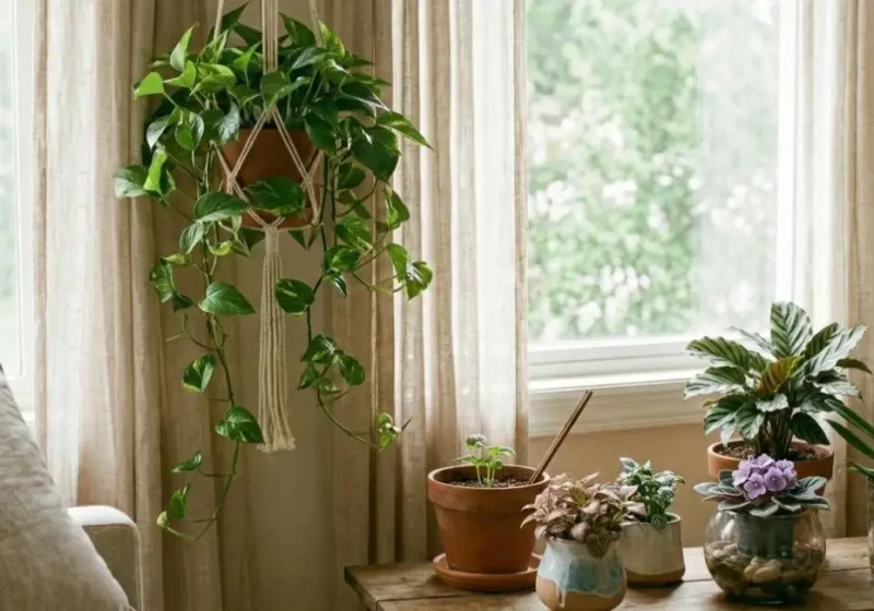 A variety of potted tropical plants, including a hanging pothos in a macrame holder and a flowering African violet, on a wooden table by a window as part of Low-Maintenance Indoor Plants for a Peaceful Home.