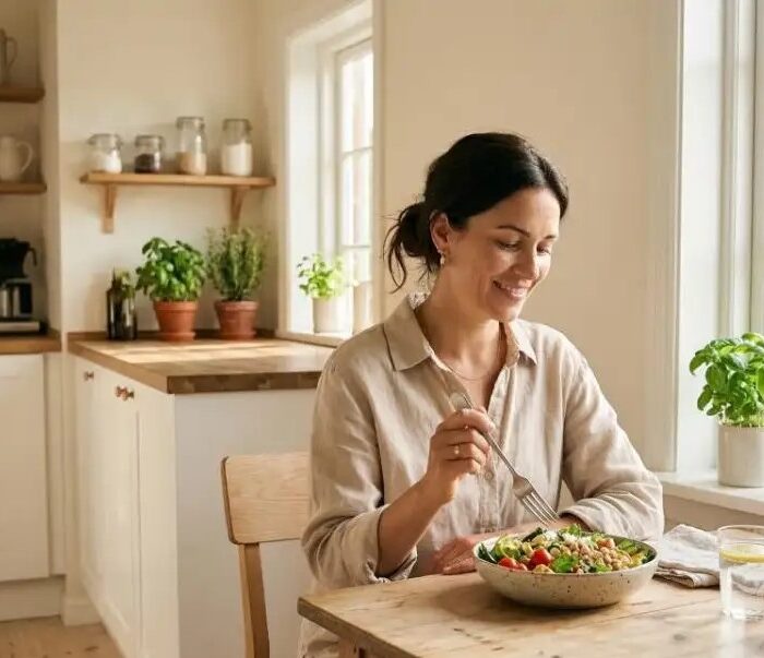 A woman sitting comfortably by a bright window, enjoying a warm mug during a midday work-from-home reset.