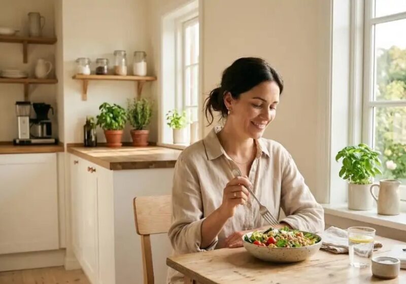 A woman sitting comfortably by a bright window, enjoying a warm mug during a midday work-from-home reset.