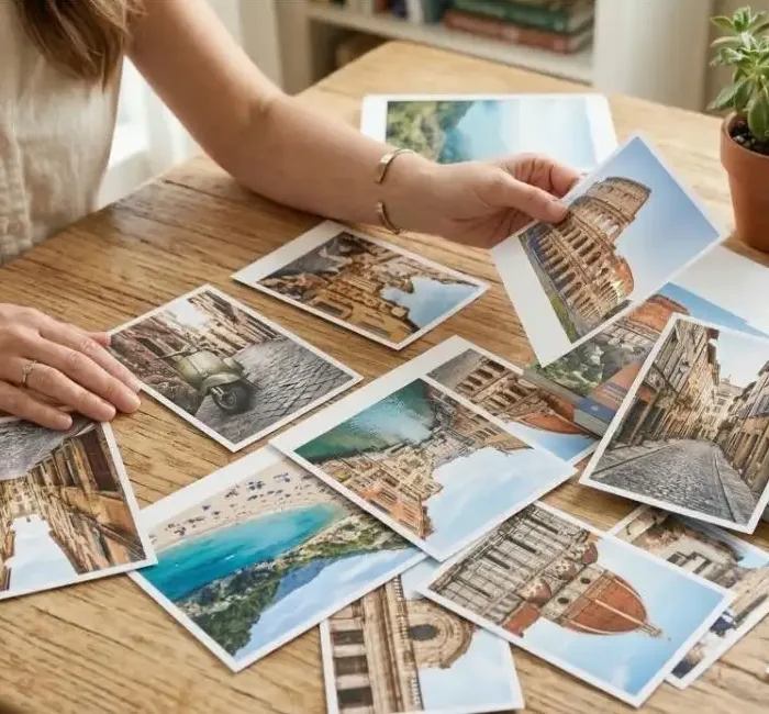 Change to: A woman mindfully planning her next trip by budgeting for travel with printed photos of scenic landmarks.