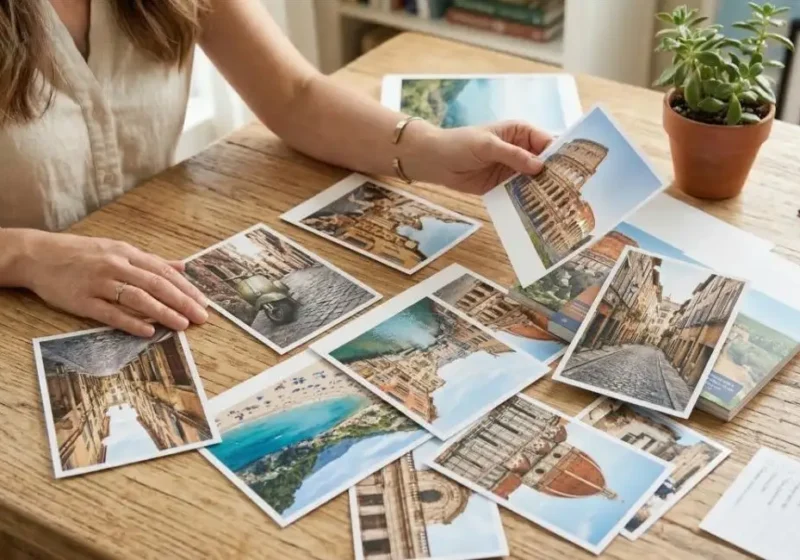 Change to: A woman mindfully planning her next trip by budgeting for travel with printed photos of scenic landmarks.