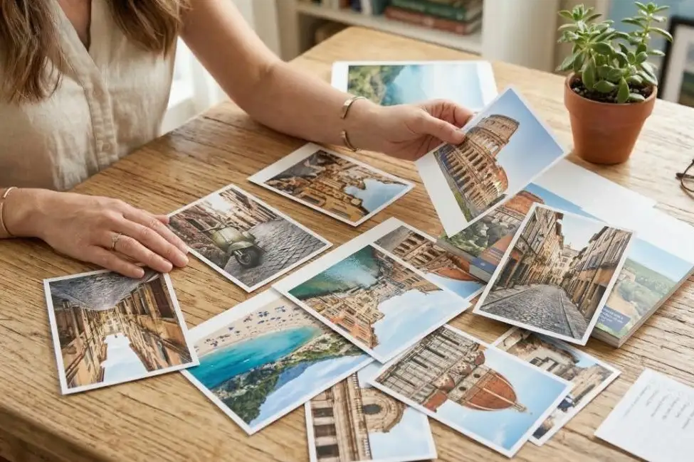Investing in Moments: A Mindful Guide to Budgeting for Travel 1 Change to: A woman mindfully planning her next trip by budgeting for travel with printed photos of scenic landmarks.