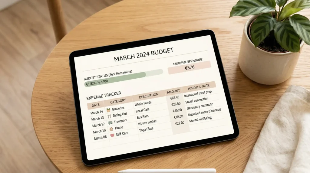 The Art of Mindful Budgeting: How to Budget Your Expenses with Intention 2 A minimal budget tracker spreadsheet on a tablet, helping users develop mindful spending habits to align their finances with their dreams