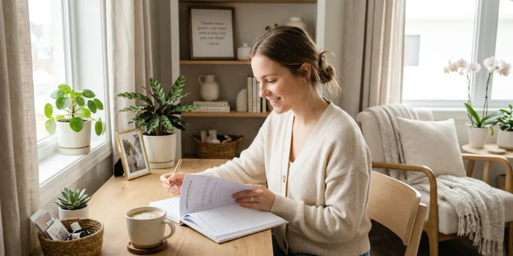 The Art of Mindful Budgeting: How to Budget Your Expenses with Intention 1 A calm woman practicing mindful budgeting at a cozy desk with a warm cup of coffee and a simple notebook