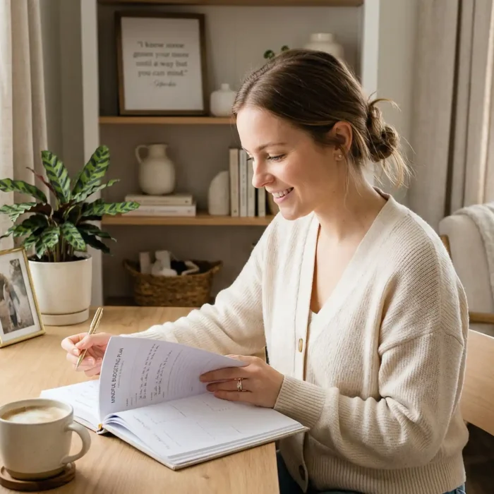 A calm woman practicing mindful budgeting at a cozy desk with a warm cup of coffee and a simple notebook
