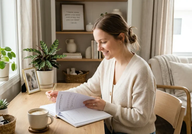 A calm woman practicing mindful budgeting at a cozy desk with a warm cup of coffee and a simple notebook