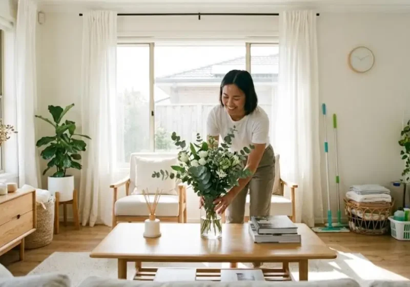 A woman mindfully placing a vase with flowers to maintain a clean and cozy home during her weekly cleaning routine.