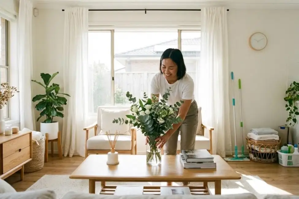 The 7-Day Deep Cleaning Routine for a Sparkling Home 1 A woman mindfully placing a vase with flowers to maintain a clean and cozy home during her 7-Day deep cleaning routine