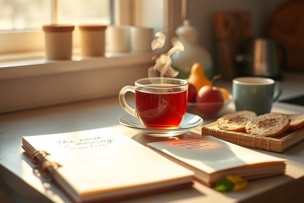 The Quiet Kitchen: My Nightly Kitchen Reset Ritual (and Why It Changes Everything) 2 A cozy morning ritual featuring a warm cup of tea and a notebook, perfect for a nightly kitchen reset reflection or planning a quick kitchen reset to maintain a mindful home.