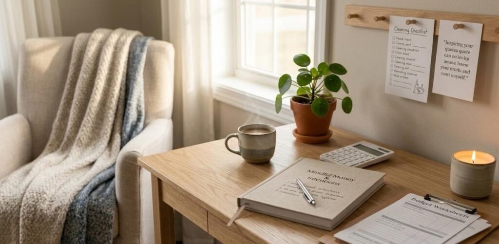 Mindful Spending Habits: How to Buy Less and Feel Truly Satisfied 2 A cozy workspace featuring a "Mindful Money" journal, a calculator, a cup of coffee, and a budget worksheet on a wooden desk, illustrating Mindful spending habits