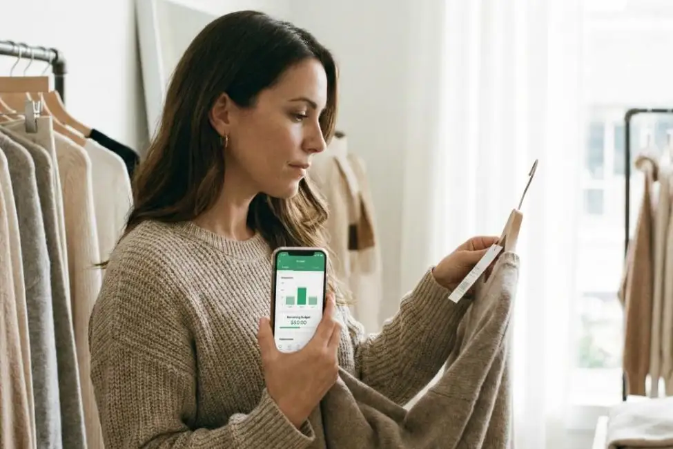 A woman in a beige knit sweater holding a smartphone with a budget tracking app while looking at a minimalist clothing rack, illustrating Mindful Money Management