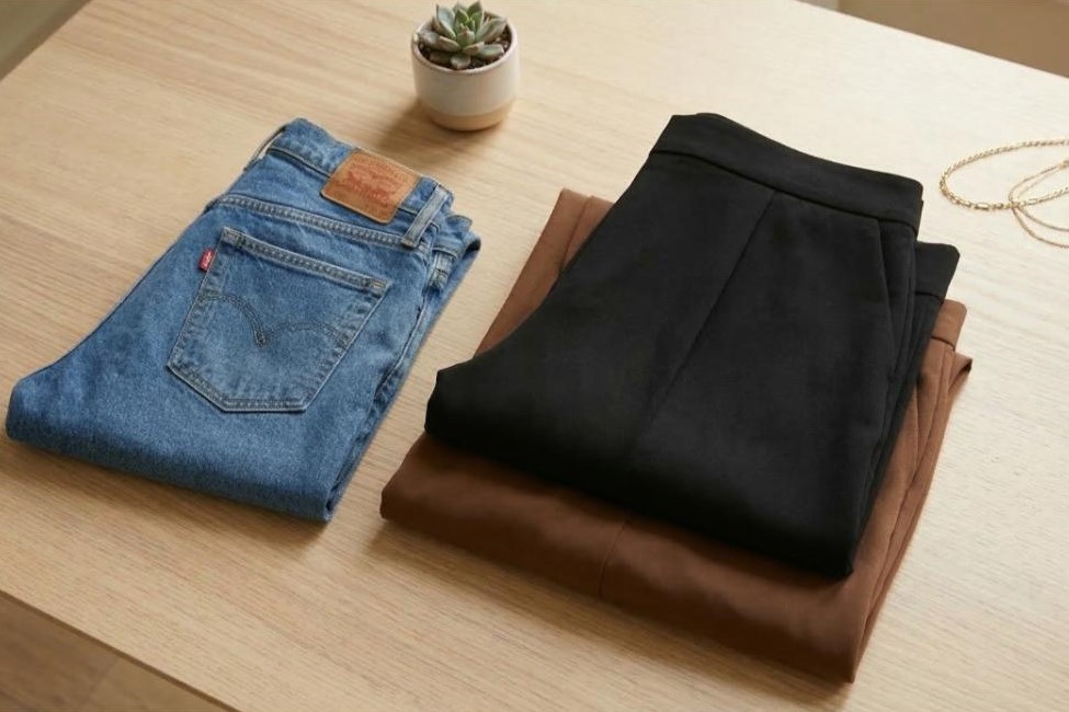 pants folded on top of a table pair of jeans and two wide legged pants featuring the spring capsule wardrobe minimalist women