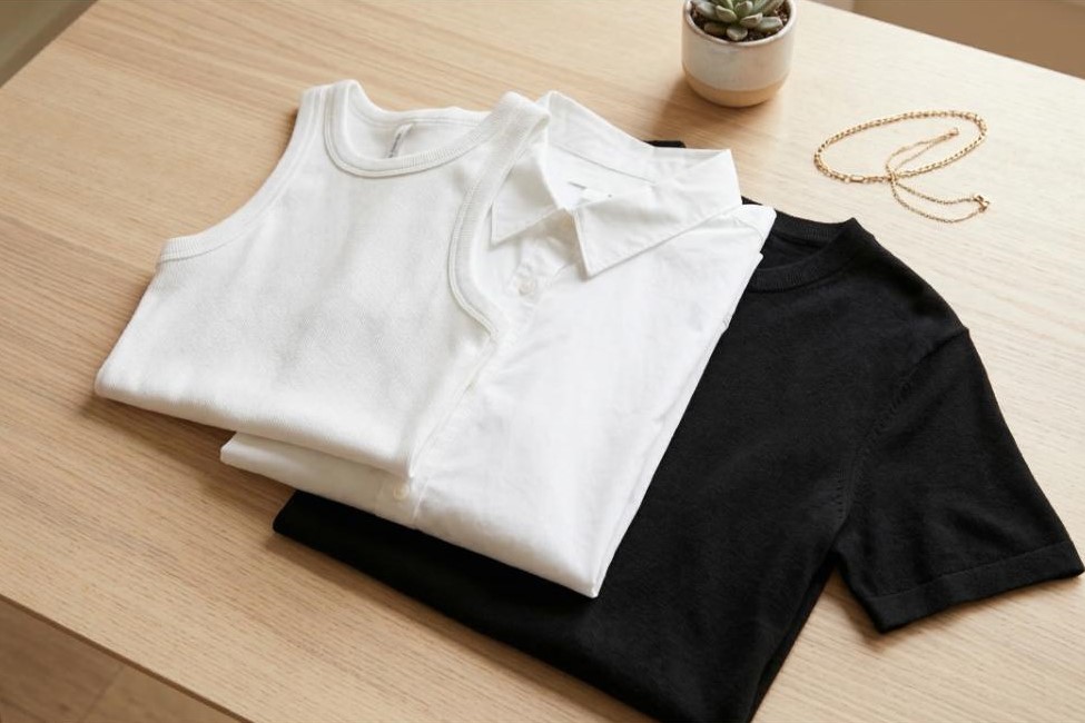 3 basic tops layered on top of a table featuring spring capsule wardrobe minimalist women
