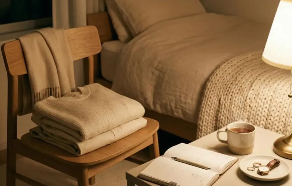 A stack of folded beige garments and a scarf on a wooden chair next to a bed, part of a night routine to prepare for an easy morning.