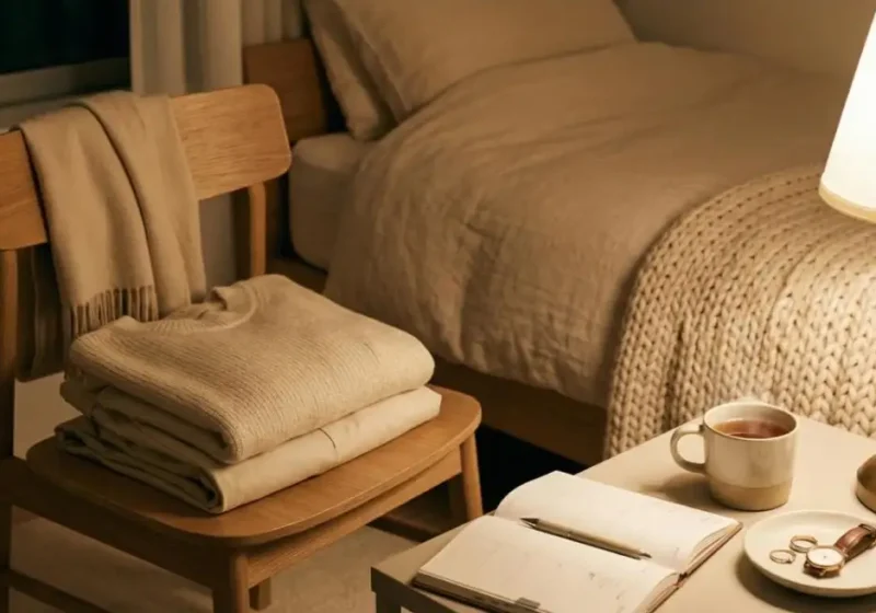 Cozy bedroom with a made bed, neutral clothes on a chair