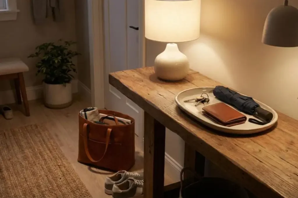 The PM Reset: 7 Ways a Night-Before Routine Creates Calmer mornings 2 A cozy console table illuminated by a warm lamp, tray, prepared during the night-before routine for an easier morning.