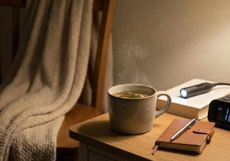 A bedside table with a steaming mug, a small notebook with a pen, a digital clock showing 10:15, and a small flashlight, representing a 15-minute nighttime routine for better sleep.