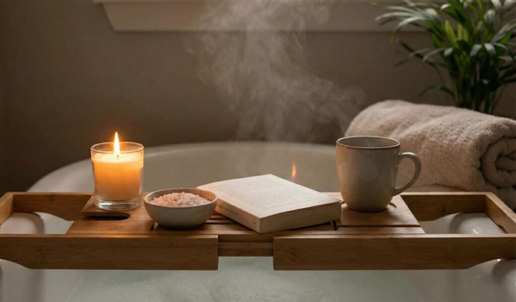 A wooden bathtub tray with a lit candle, a small bowl of bath salts, an open book, and a steaming mug, illustrating a 15-minute nighttime routine for better sleep.