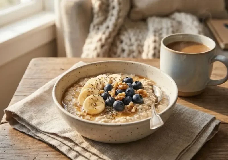 A healthy morning routine featuring a make-ahead breakfast oatmeal bowl with fresh fruit.