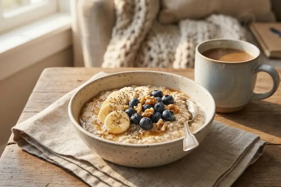 My 10 Favorite Make-Ahead Breakfasts for a Calmer, Fuller Morning 1 A healthy morning routine featuring a make-ahead breakfast oatmeal bowl with fresh fruit.
