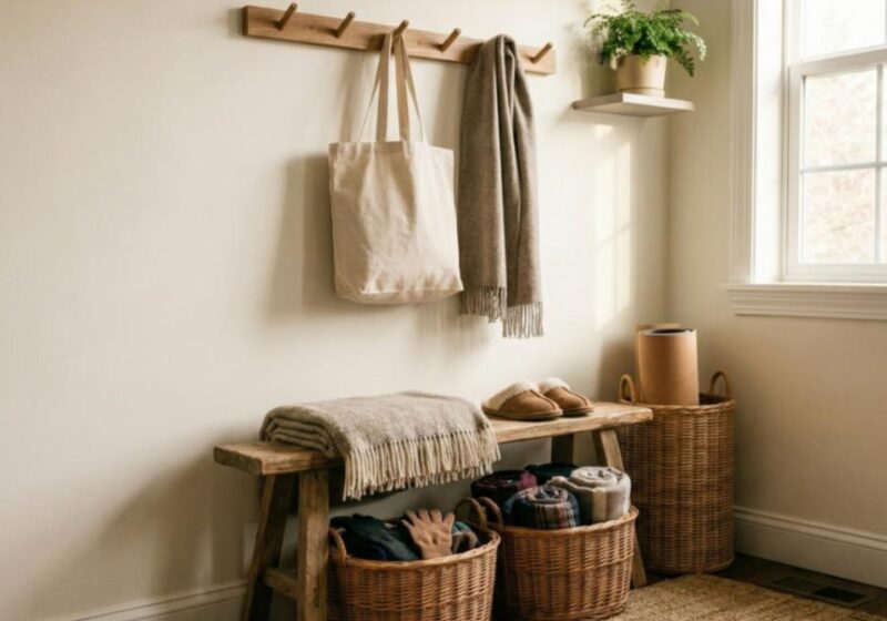 A clean, organized cozy home entryway featuring a wooden bench, woven storage baskets, and hanging coats representing entryway organization ideas.