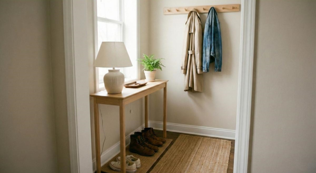 A clean, organized entryway with a wooden console table, a lamp, and wall-mounted hooks for coats, demonstrating quick ideas for a clutter-free first impression.