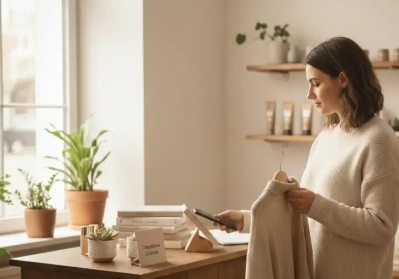 Woman paying for a beige sweater with her phone at a retail store feeling satisfied with her purchase following mindful spending habits