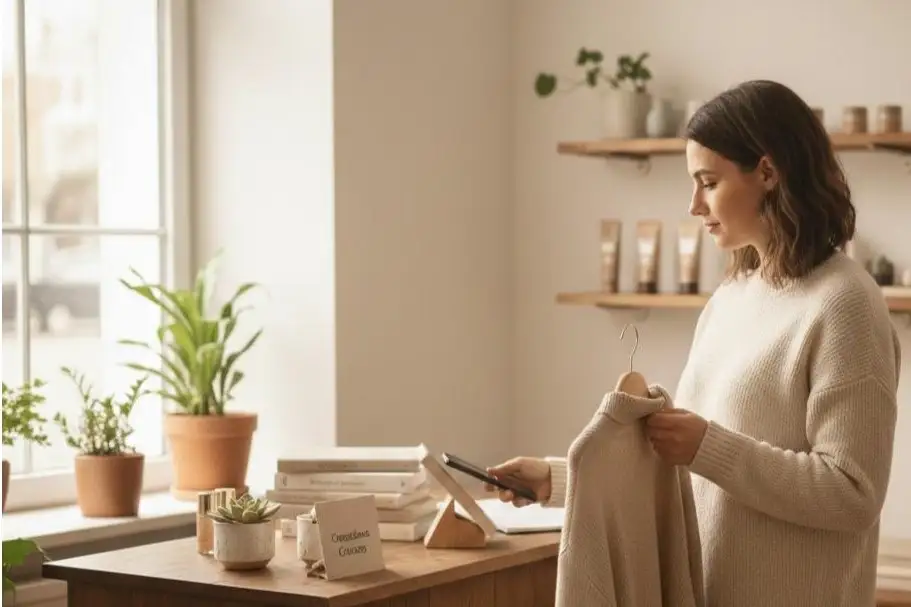 Mindful Spending Habits: How to Buy Less and Feel Truly Satisfied 1 Woman paying for a beige sweater with her phone at a retail store feeling satisfied with her purchase following mindful spending habits