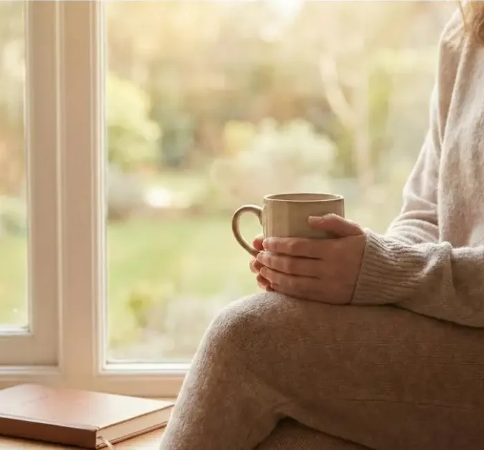 A woman sitting calmly by a window, journaling and enjoying coffee as part of a soft morning routine.